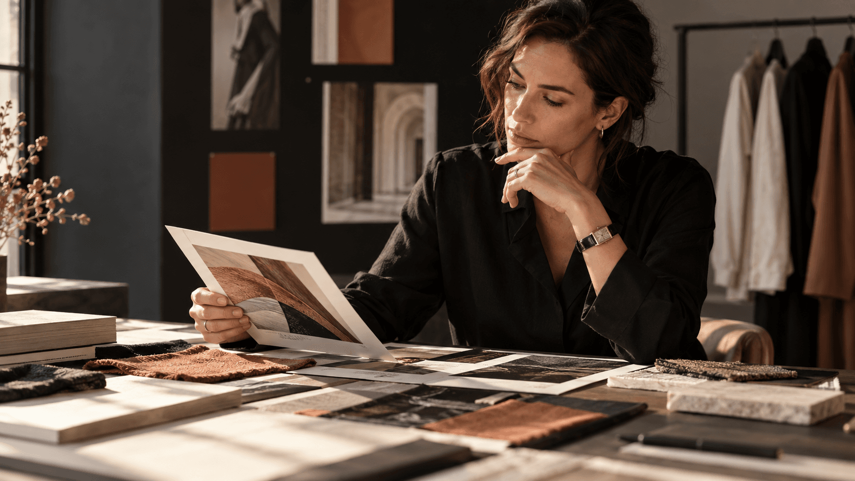 A brand strategist exercising judgement while reviewing tactile campaign proofs and distinctive brand materials.