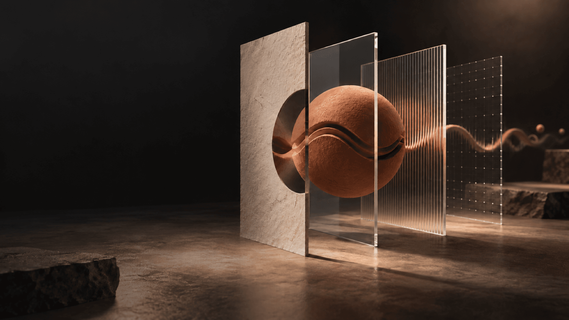 A distinctive terracotta brand signal passing through transparent governance layers.